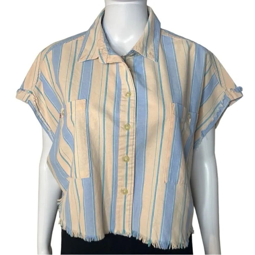 Urban Outfitters BDG Striped Raw Edge Button Down Shirt Pink & Blue Medium